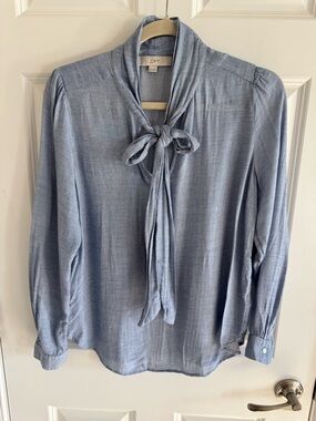 LOFT Pale Blue Tie-Neck Blouse - Women's Top